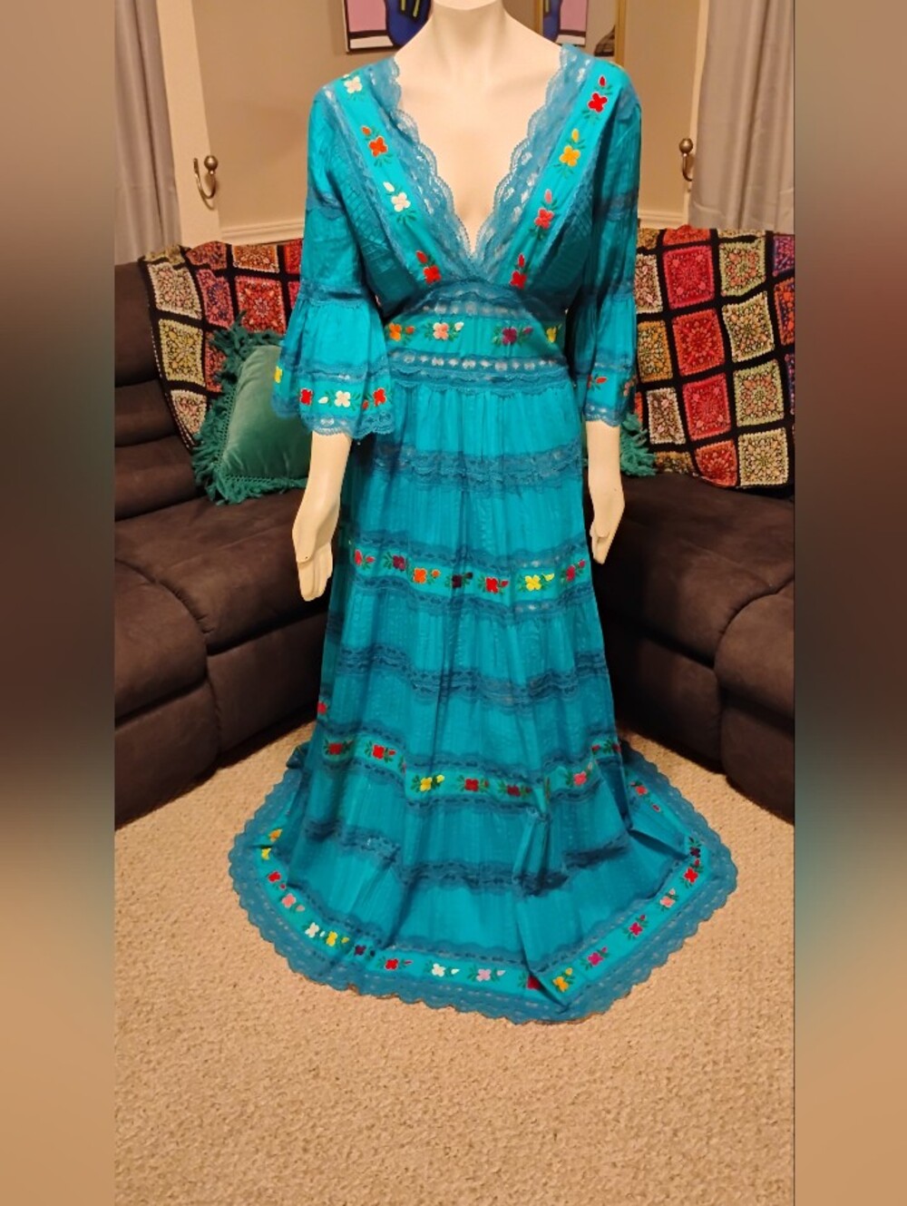 Turquoise Floral Embroidered Maxi Dress